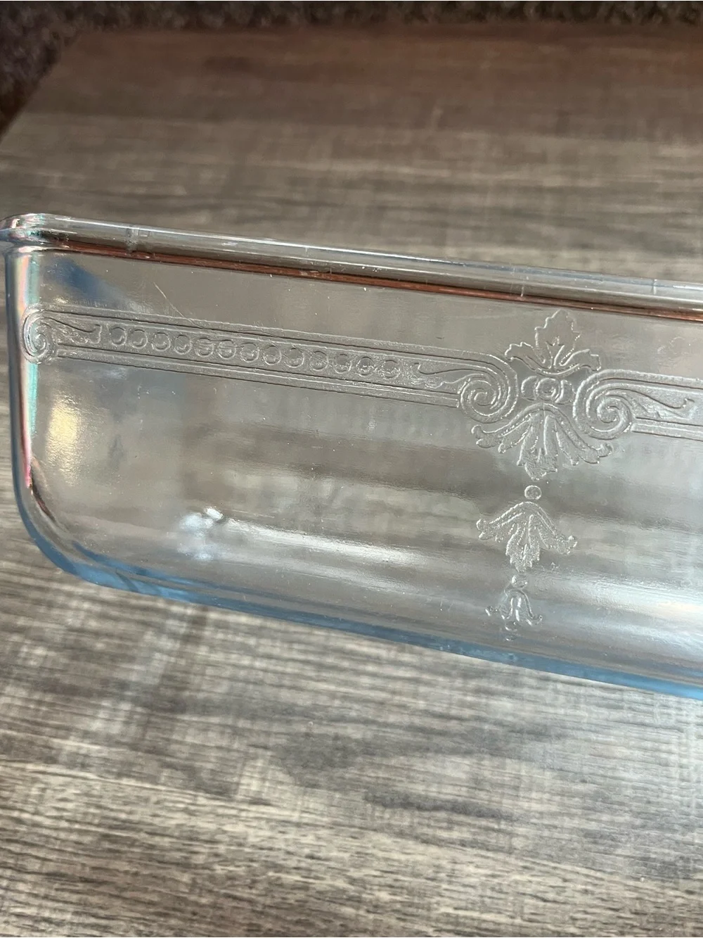 Beautiful Fire King loaf pan. Decorative. Chip on outside and rim. See photos